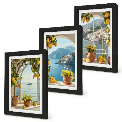 Juego de 3 cuadros decorativos con diseño de limones y flores en macetas en un pueblo costero