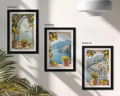 Juego de 3 cuadros decorativos con diseño de limones y flores en macetas en un pueblo costero