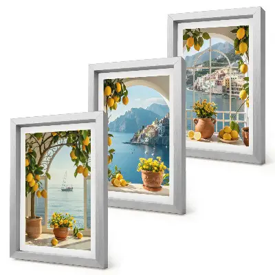 Juego de 3 cuadros decorativos con diseño de limones y flores en macetas en un pueblo costero