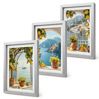 Juego de 3 cuadros decorativos Limones y flores en macetas en un pueblo costero.