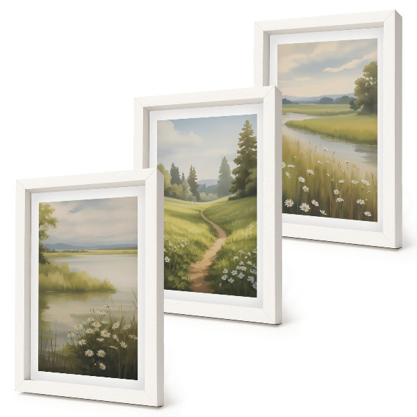 Tríptico enmarcado Paisaje primaveral con un sendero junto al río y un prado de flores.