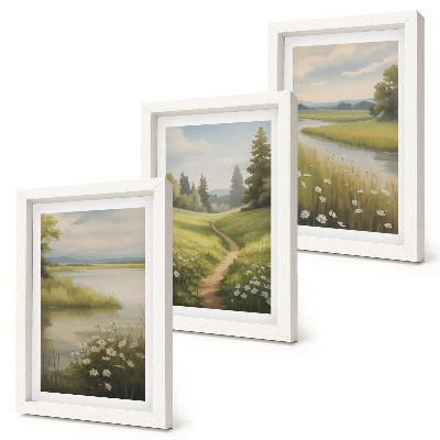 Tríptico enmarcado Paisaje primaveral con un sendero junto al río y un prado de flores.