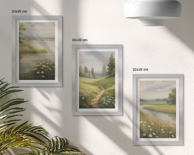 Tríptico enmarcado Paisaje primaveral con un sendero junto al río y un prado de flores.