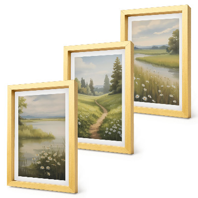 Tríptico enmarcado Paisaje primaveral con un sendero junto al río y un prado de flores.