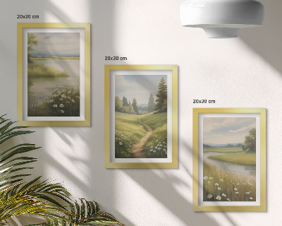 Tríptico enmarcado Paisaje primaveral con un sendero junto al río y un prado de flores.