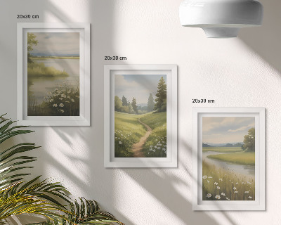 Tríptico enmarcado Paisaje primaveral con un sendero junto al río y un prado de flores.