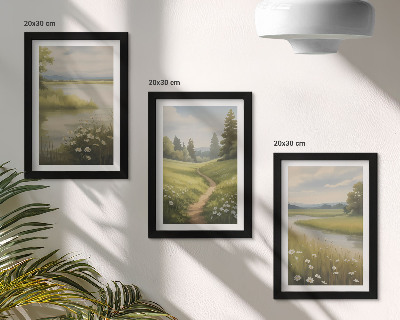 Tríptico enmarcado Paisaje primaveral con un sendero junto al río y un prado de flores.