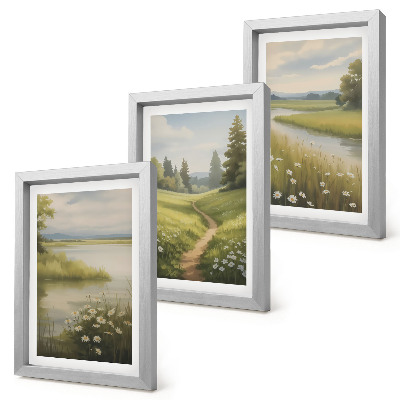 Tríptico enmarcado Paisaje primaveral con un sendero junto al río y un prado de flores.