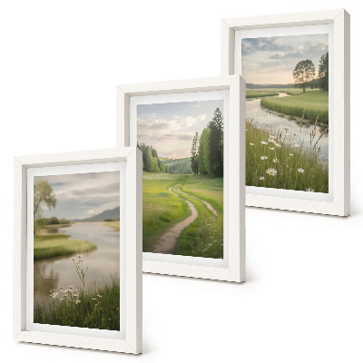 Juego de 3 cuadros decorativos Paisajes veraniegos tranquilos con un río y un prado de flores.