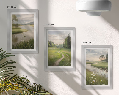 Juego de 3 cuadros decorativos Paisajes veraniegos tranquilos con un río y un prado de flores.