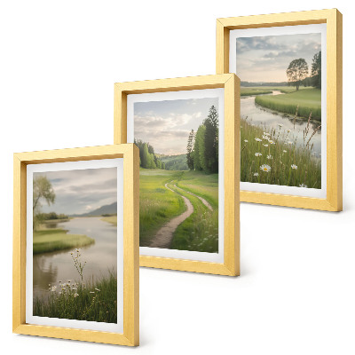 Juego de 3 cuadros decorativos Paisajes veraniegos tranquilos con un río y un prado de flores.