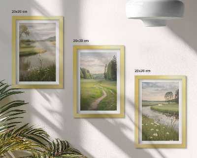 Juego de 3 cuadros decorativos Paisajes veraniegos tranquilos con un río y un prado de flores.