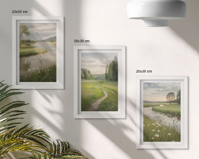 Juego de 3 cuadros decorativos Paisajes veraniegos tranquilos con un río y un prado de flores.