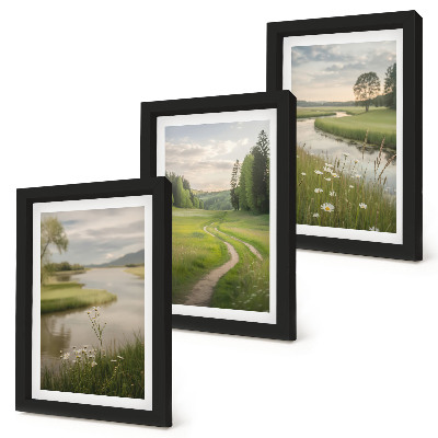 Juego de 3 cuadros decorativos Paisajes veraniegos tranquilos con un río y un prado de flores.