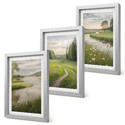 Juego de 3 cuadros decorativos Paisajes veraniegos tranquilos con un río y un prado de flores.