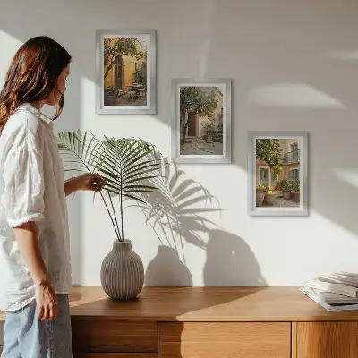 Juego de 3 cuadros decorativos con diseño de jardín y árboles cítricos en entorno soleado