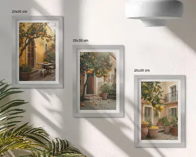 Juego de 3 cuadros decorativos con diseño de jardín y árboles cítricos en entorno soleado