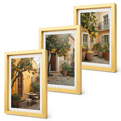 Juego de 3 cuadros decorativos Un jardín con árboles cítricos en un entorno soleado.