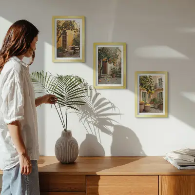 Juego de 3 cuadros decorativos con diseño de jardín y árboles cítricos en entorno soleado