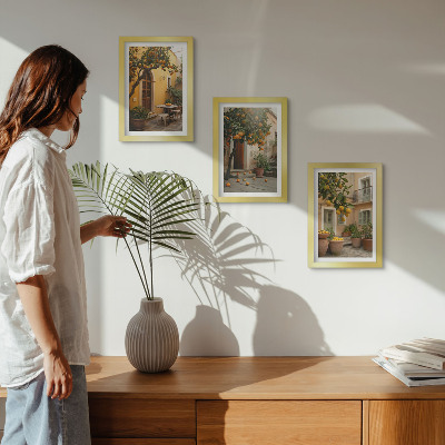 Juego de 3 cuadros decorativos Un jardín con árboles cítricos en un entorno soleado.