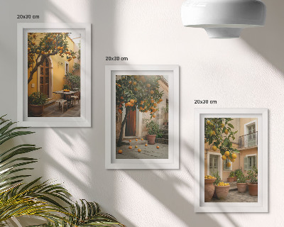 Juego de 3 cuadros decorativos Un jardín con árboles cítricos en un entorno soleado.