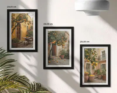 Juego de 3 cuadros decorativos con diseño de jardín y árboles cítricos en entorno soleado