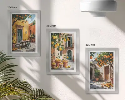 Tríptico de frutas cítricas en jardín soleado enmarcado