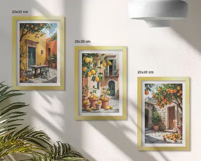 Tríptico de frutas cítricas en jardín soleado enmarcado