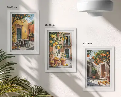 Tríptico de frutas cítricas en jardín soleado enmarcado