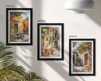 Tríptico de frutas cítricas en jardín soleado enmarcado