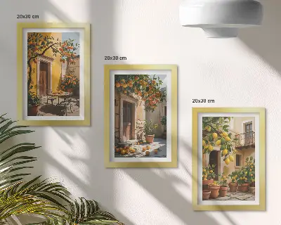 Tríptico enmarcado de frutas cítricas en un patio soleado con plantas