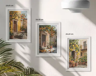 Tríptico enmarcado de frutas cítricas en un patio soleado con plantas