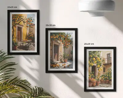 Tríptico enmarcado de frutas cítricas en un patio soleado con plantas