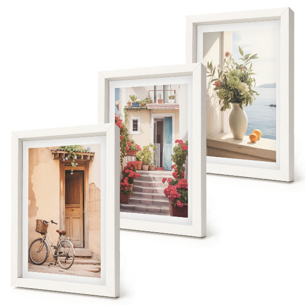 Juego de 3 cuadros decorativos Encantadoras calles costeras con flores y bicicletas.