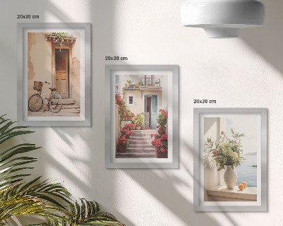 Juego de 3 cuadros decorativos Encantadoras calles costeras con flores y bicicletas.