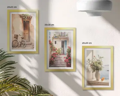 Juego de 3 cuadros decorativos con diseño de encantadoras calles costeras con flores y bicicletas