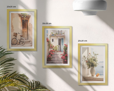Juego de 3 cuadros decorativos Encantadoras calles costeras con flores y bicicletas.