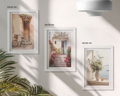 Juego de 3 cuadros decorativos Encantadoras calles costeras con flores y bicicletas.