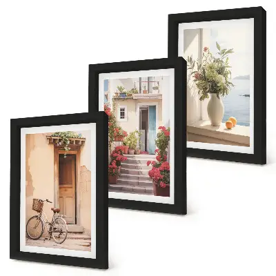 Juego de 3 cuadros decorativos con diseño de encantadoras calles costeras con flores y bicicletas