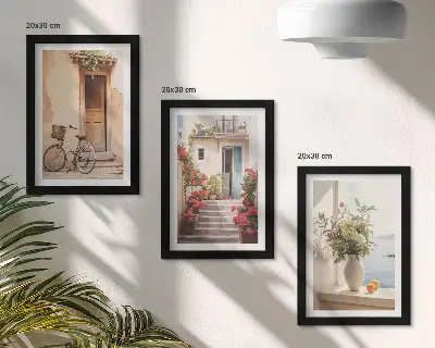 Juego de 3 cuadros decorativos con diseño de encantadoras calles costeras con flores y bicicletas
