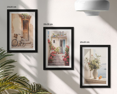 Juego de 3 cuadros decorativos Encantadoras calles costeras con flores y bicicletas.