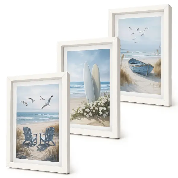 Juego de 3 cuadros decorativos con diseño de playa, tablas de surf, barcos y pájaros
