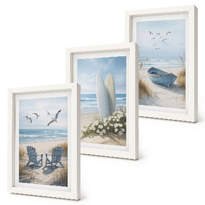 Juego de 3 cuadros decorativos Playa con tablas de surf, barcos y pájaros.