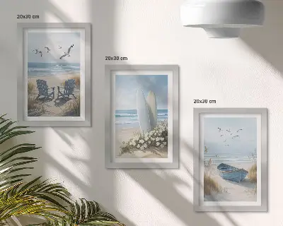 Juego de 3 cuadros decorativos con diseño de playa, tablas de surf, barcos y pájaros