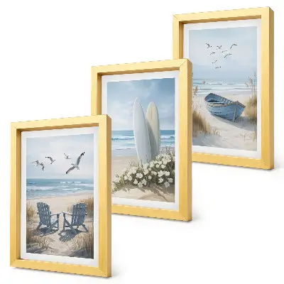 Juego de 3 cuadros decorativos con diseño de playa, tablas de surf, barcos y pájaros