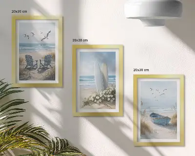 Juego de 3 cuadros decorativos con diseño de playa, tablas de surf, barcos y pájaros