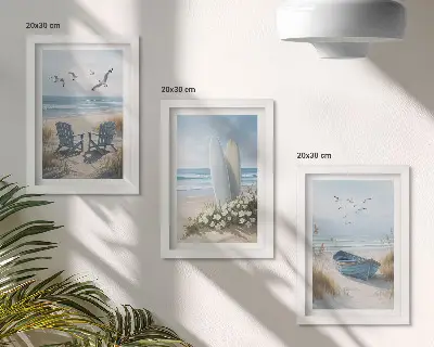 Juego de 3 cuadros decorativos con diseño de playa, tablas de surf, barcos y pájaros