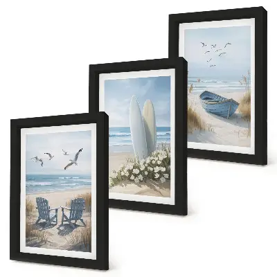 Juego de 3 cuadros decorativos con diseño de playa, tablas de surf, barcos y pájaros