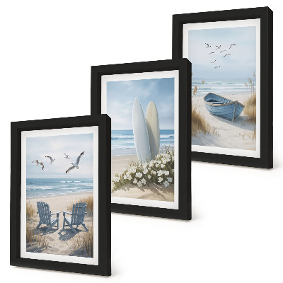 Juego de 3 cuadros decorativos Playa con tablas de surf, barcos y pájaros.