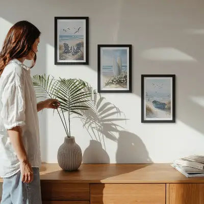 Juego de 3 cuadros decorativos con diseño de playa, tablas de surf, barcos y pájaros